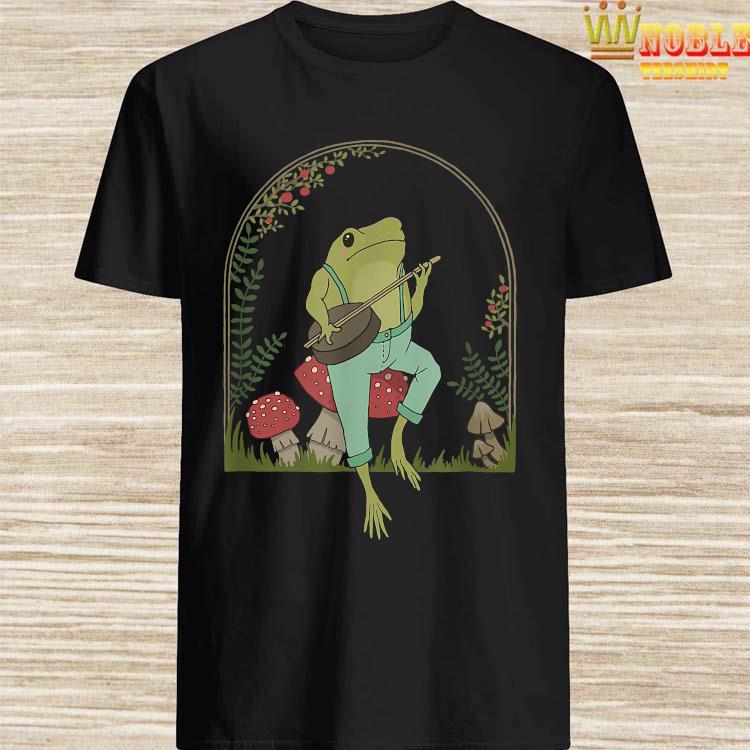 Cottagecore Aesthetic Frog Playing Banjo on Mushroom Cute TShirt