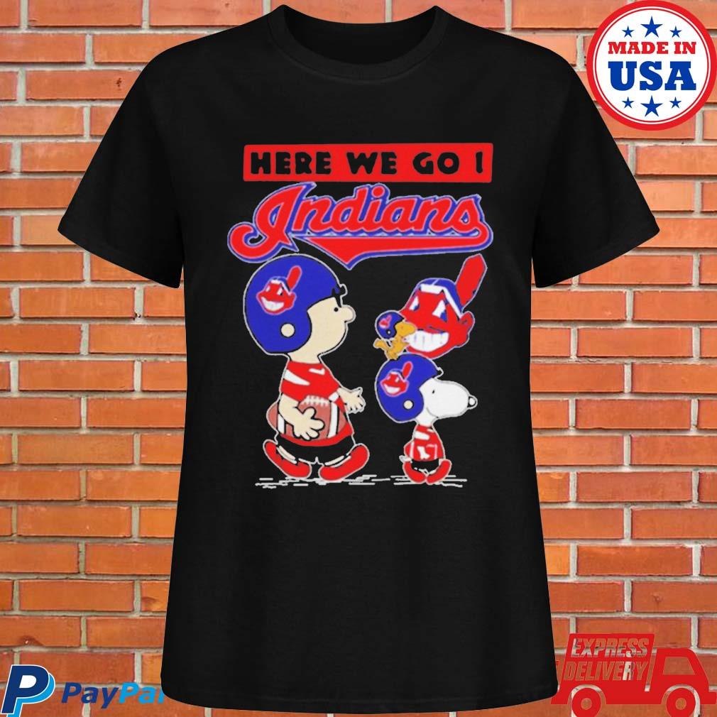 Official Charlie brown and Snoopy Woodstock here we go Cleveland indians T- shirt, hoodie, tank top, sweater and long sleeve t-shirt