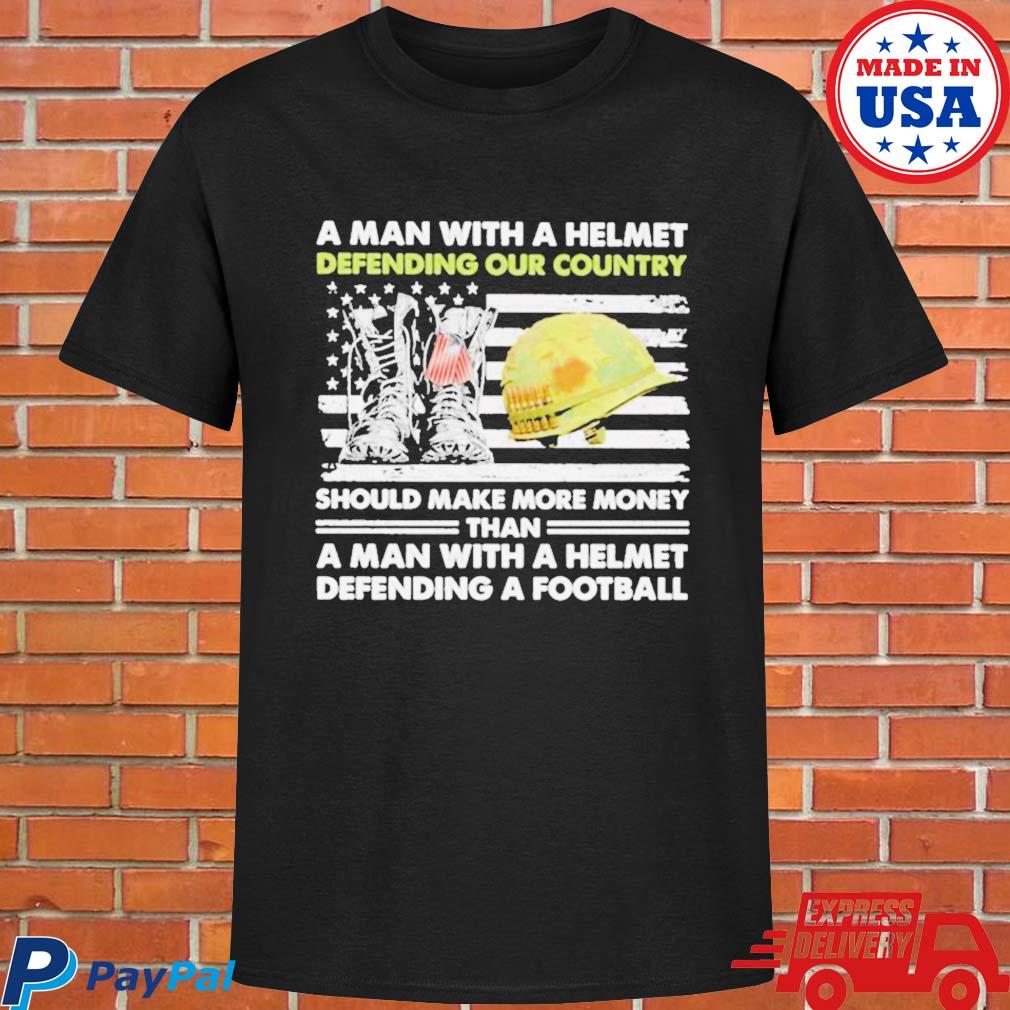 Official A man with a helmet defending our country America veteran flag T-shirt