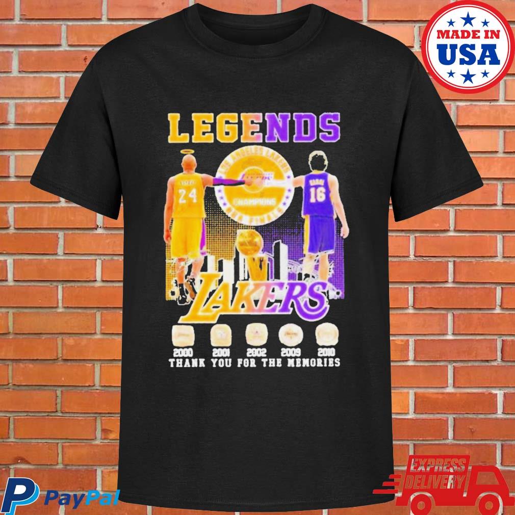 Official Legends Kobe Bryant and gasol los angeles Lakers NBA finals 2000 2010 thank you for the memories signatures T-shirt
