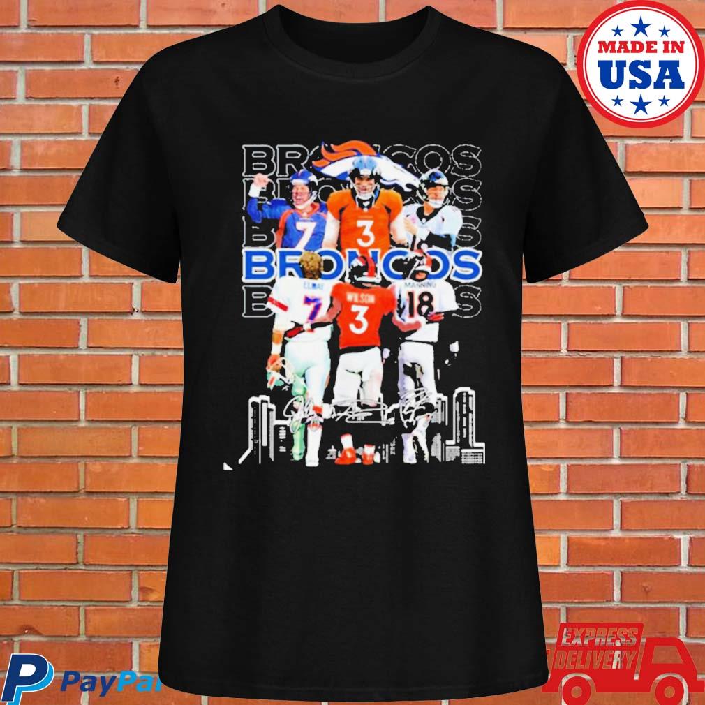 Denver broncos john elway russell wilson and peyton manning signatures shirt,  hoodie, sweater, long sleeve and tank top