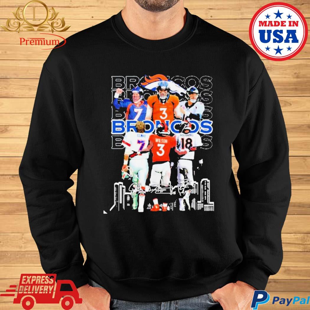 Denver broncos john elway russell wilson and peyton manning signatures shirt,  hoodie, sweater, long sleeve and tank top