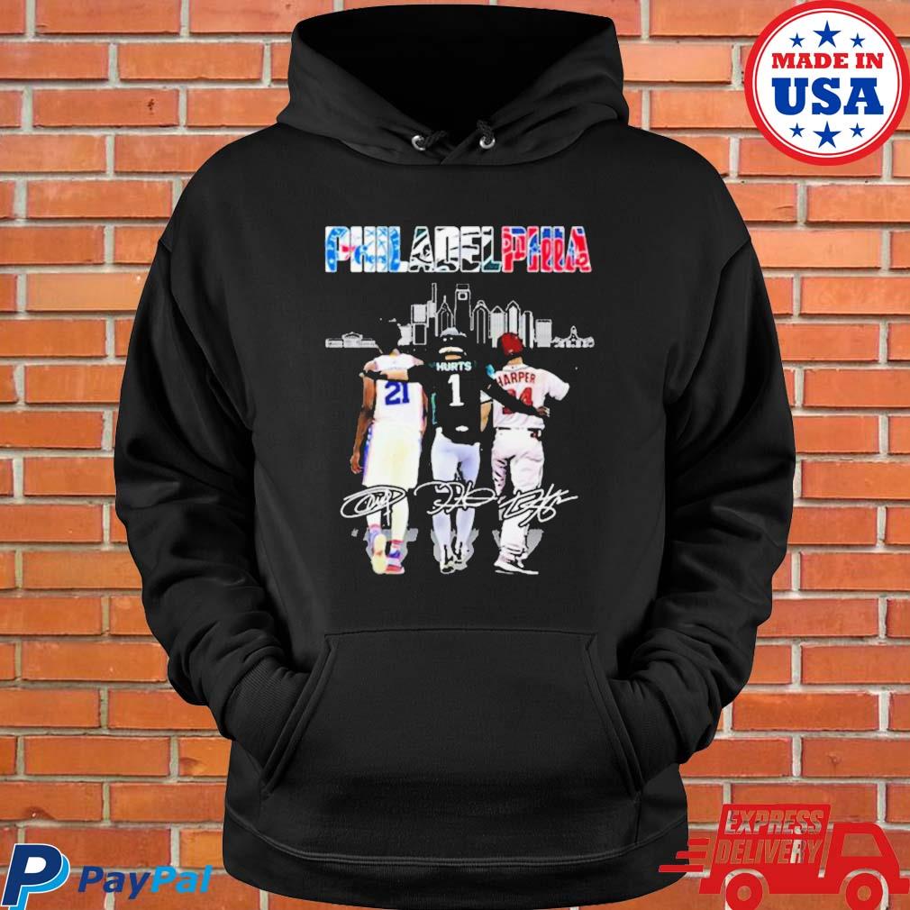 Philadelphia Phillies Philadelphia Eagles and Philadelphia 76ers Joel  Embiid Jalen Hurts and Bryce Harper signatures 2023 shirt, hoodie, sweater,  long sleeve and tank top