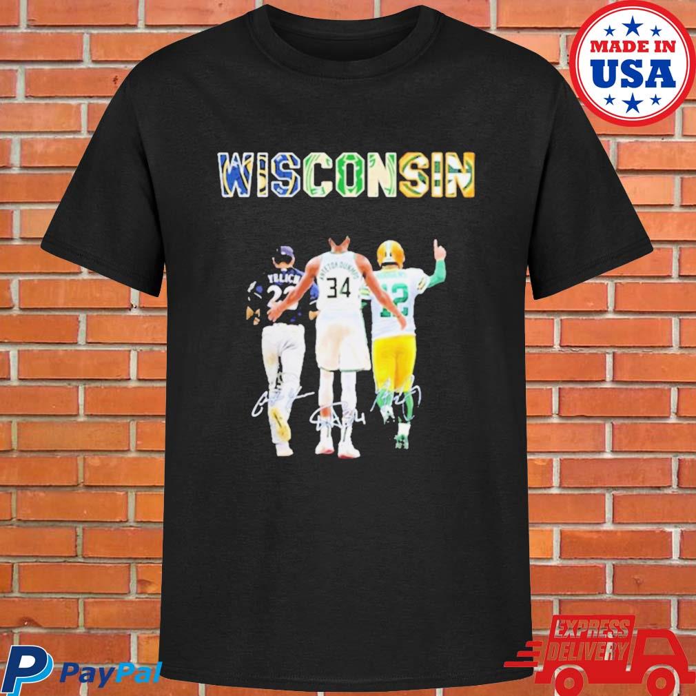 Wisconsin Sports Team Christian Yelich Giannis Antetokounmpo And Aaron  Rodgers Signatures Shirt - Guineashirt Premium ™ LLC