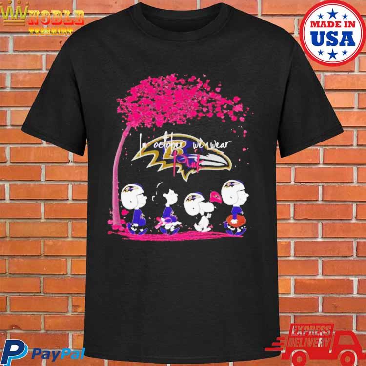 OfficiaI Peanuts characters baltimore ravens in october we wear pink fall T- shirt, hoodie, tank top, sweater and long sleeve t-shirt