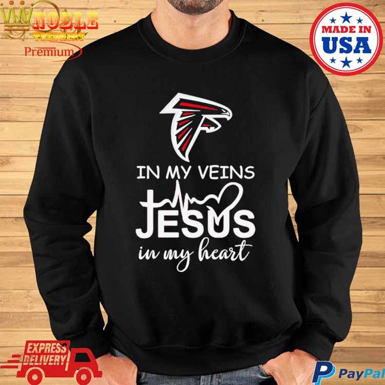 Official Atlanta falcons logo 2023 in my veins Jesus in my heart T-shirt,  hoodie, tank top, sweater and long sleeve t-shirt