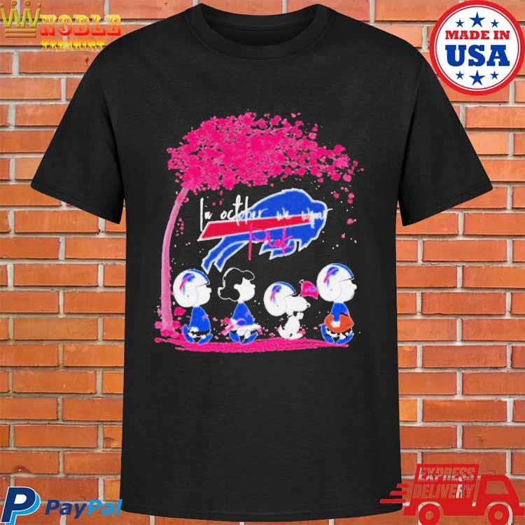 Official Buffalo Bills peanut characters in october we wear pink 2023 T- shirt, hoodie, tank top, sweater and long sleeve t-shirt