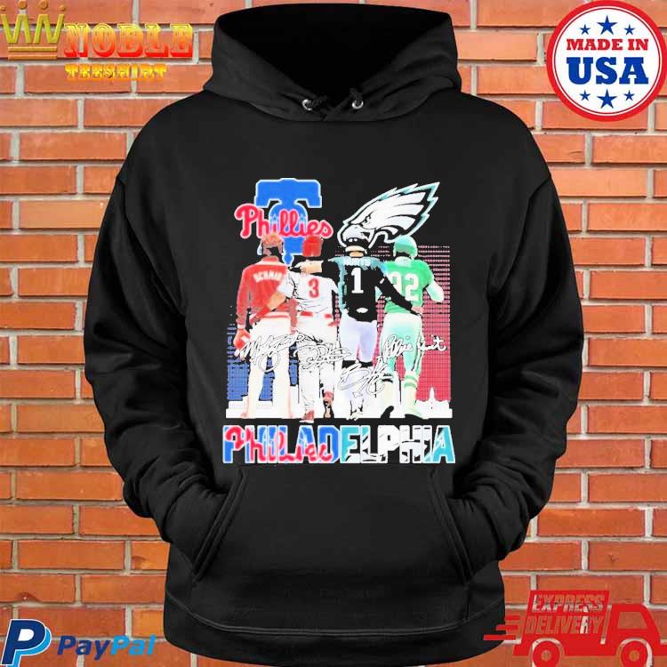 Philadelphia Phillies And Philadelphia Eagles Mike Schmidt Bryce Harper  Jalen Hurts And Kyzir White Signatures t-shirt - ColorfulTeesOutlet