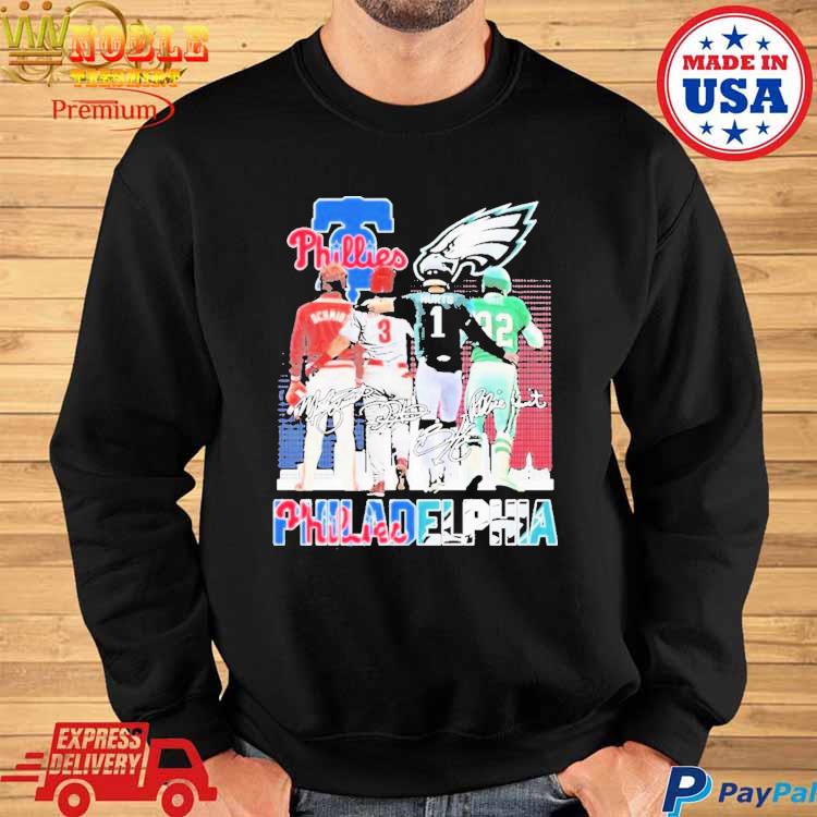 Philadelphia Phillies And Philadelphia Eagles Mike Schmidt Bryce Harper  Jalen Hurts And Kyzir White Signatures t-shirt - ColorfulTeesOutlet