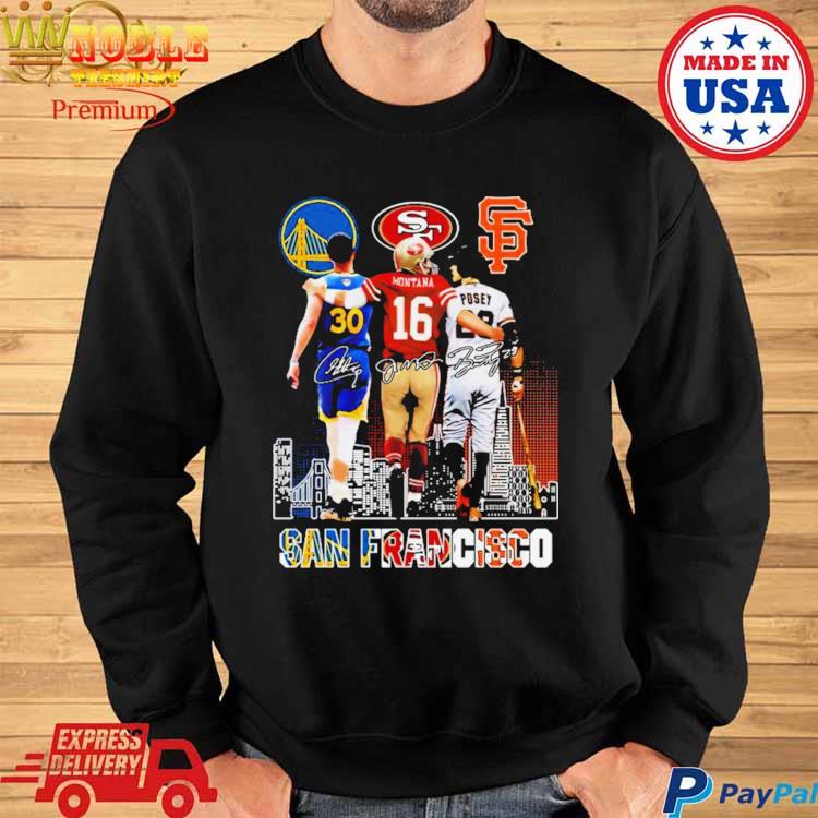 Official San francisco sports stephen curry Joe Montana and buster posey  signatures skyline 2023 T-shirt, hoodie, tank top, sweater and long sleeve  t-shirt