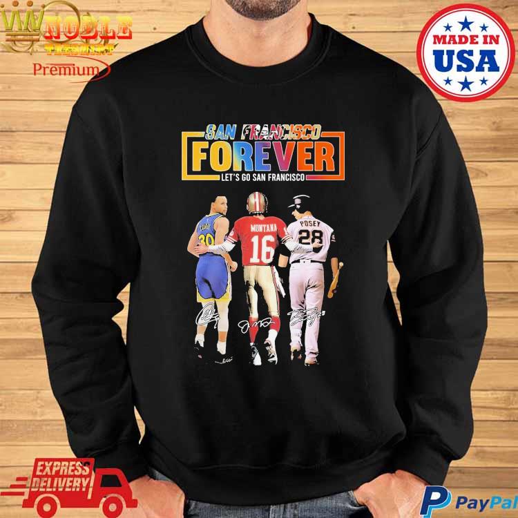 Official San francisco sports stephen curry Joe Montana and buster posey  signatures skyline 2023 T-shirt, hoodie, tank top, sweater and long sleeve  t-shirt